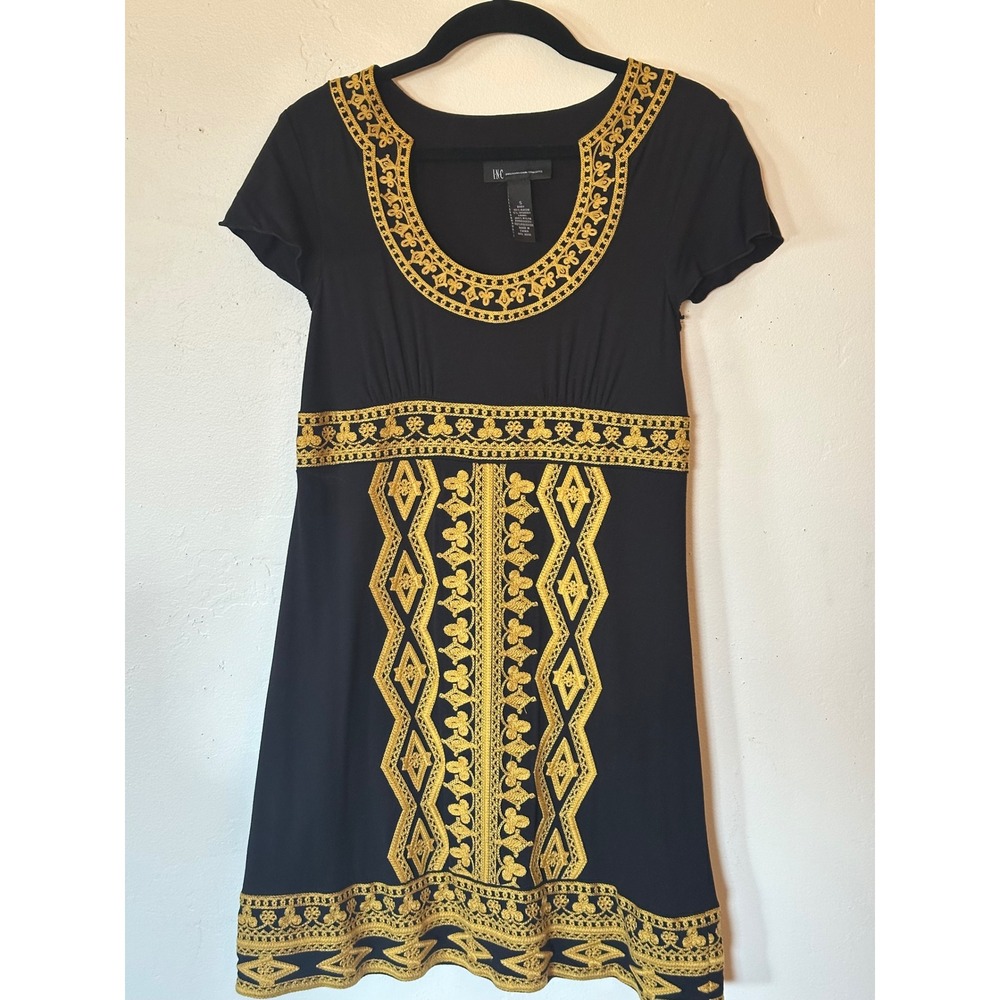 INC International Concepts Womens Black Gold Embroidered Empire Mini Dress Small